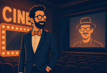 ملصق فني رمزي لأفلام الفنان أحمد حلمي يعكس أجواء الكوميديا والإبداع في السينما المصرية