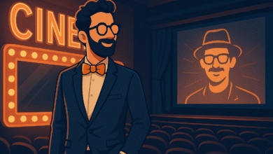 ملصق فني رمزي لأفلام الفنان أحمد حلمي يعكس أجواء الكوميديا والإبداع في السينما المصرية